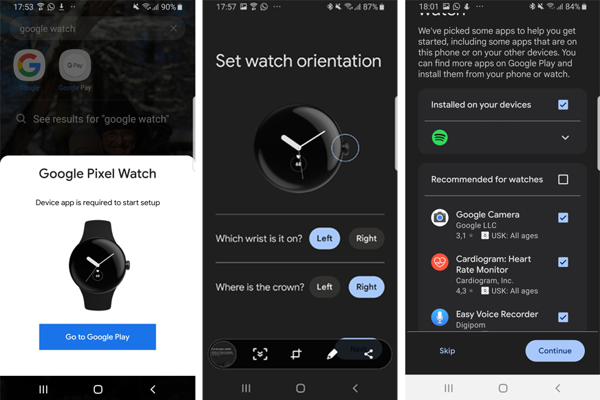 Man sieht die Google Pixel Watch App.
